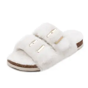 Women's Fuzzy Slippers Cork Footbed Fluffy Slides Comfy Open Toe Indoor Outdoor House Shoes with Arch Support Footwear Girl Flipflop Kitchen