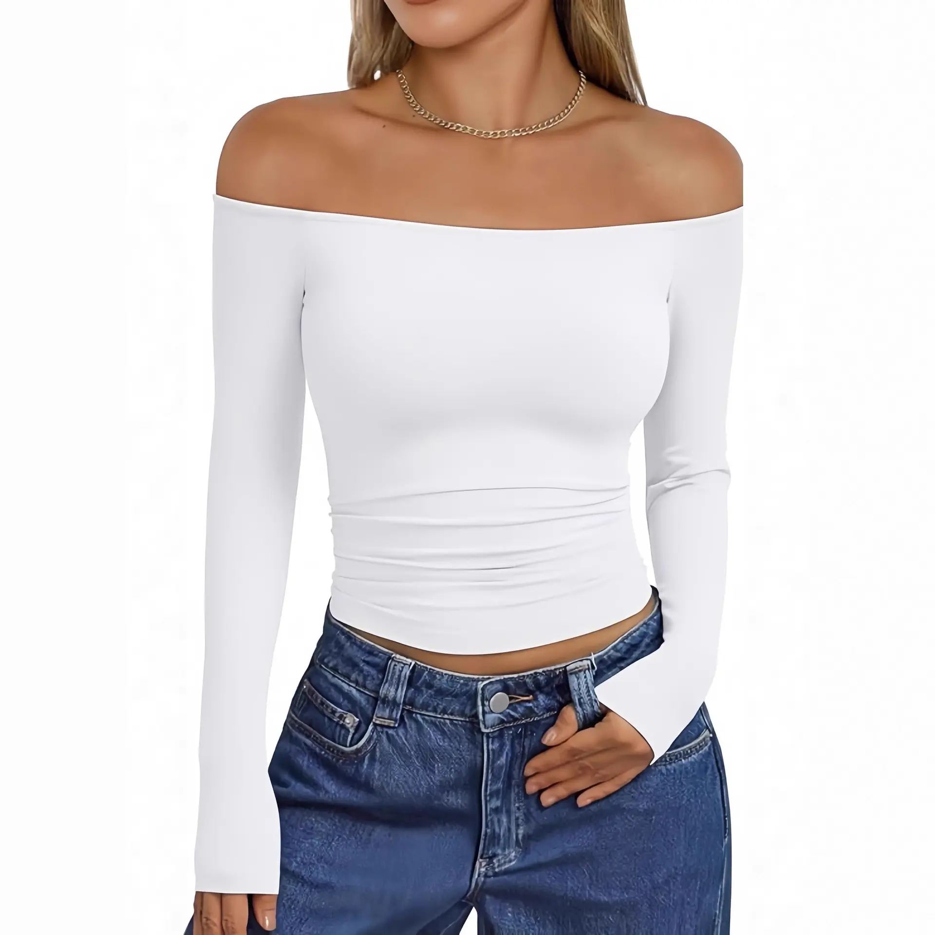 Women's Slim Off-Shoulder Long-Sleeve T-Shirt - Sexy Fashion Top, Versatile Sporty Sports Outerwear for Outdoor Use