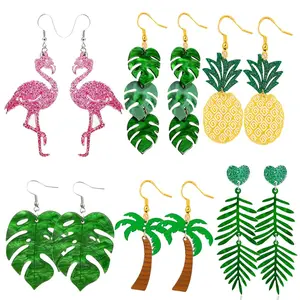 6 Pairs Tropical Earrings for Women Girls,Coconut Palm Leaf Dangle Earrings Set,Green Plant Pineapple Flamingo Hawaiian Earrings for Daily,Christmas Party Gifts,Hand Tools Kits