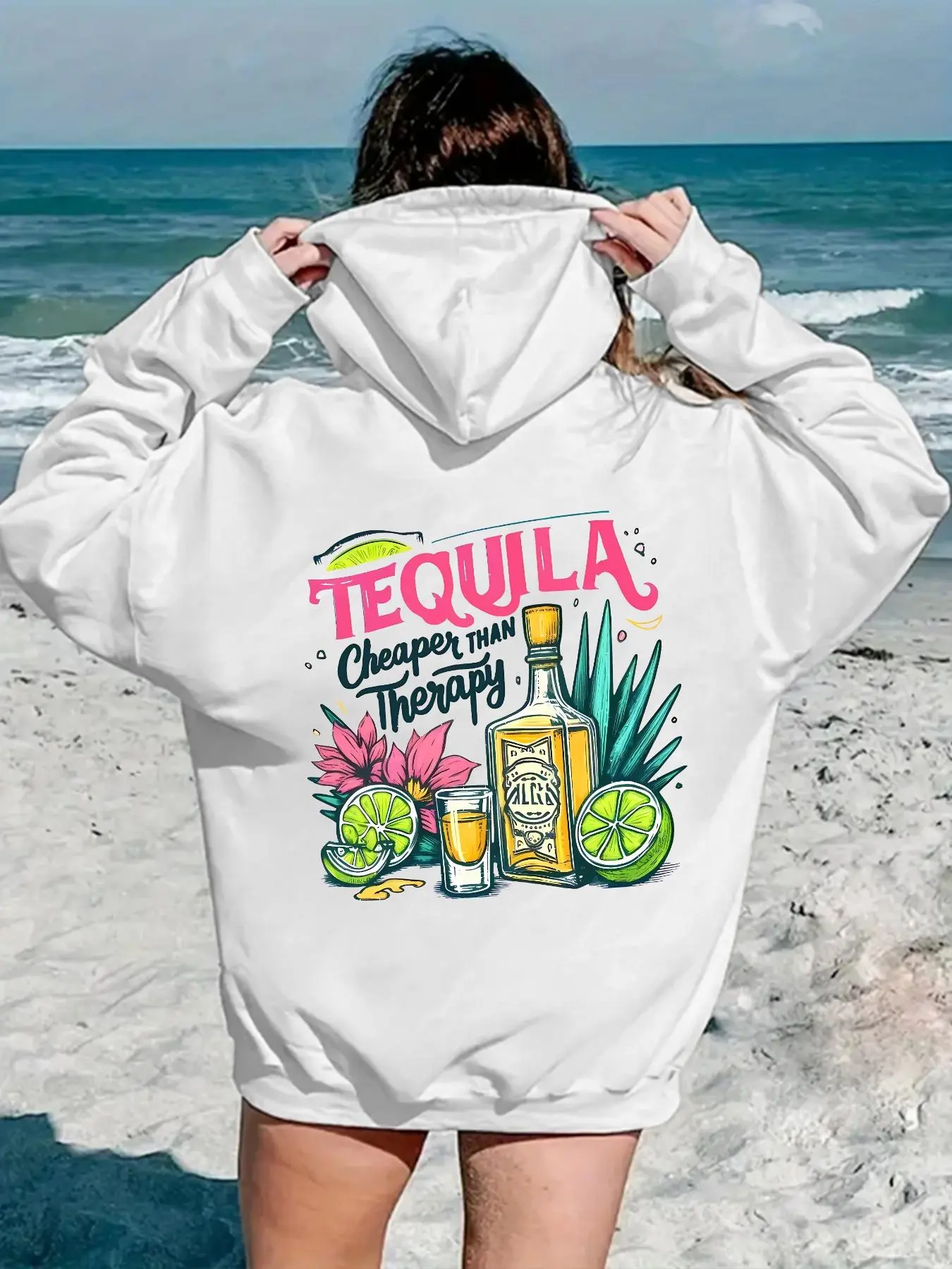 Women's Cartoon Tequila & Letter Print Drop Shoulder Thermal Lined Hoodie, Fashion Casual Drawstring Pocket Hooded Sweatshirt for Daily Holiday Outdoor Wear, Women Clothing for Fall & Winter