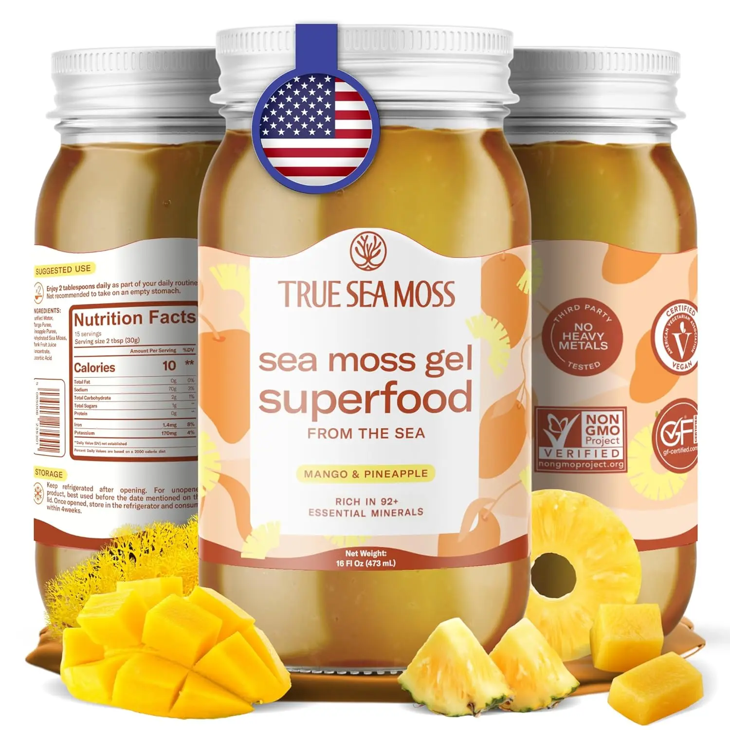 TrueSeaMoss Wildcrafted Irish Sea Moss Gel –7 Flavors- Nutritious Raw Seamoss Rich in Minerals, Proteins & Vitamins – Antioxidant Health Sea Moss, Vegan Made in USA (MANGO/PINEAPPLE, 1)