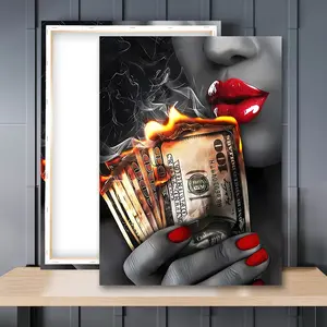 1pc Wooden Framed, Burning Money Posters and Prints Art, Red Lips Smoke Art Picture, Money Wall Print, Stylish Woman Wall Art Canvas Painting, Ideal For Bathroom, Bedroom, Office, Living Room, Wall, Room, Home Decoration, Instantly Enhance Your Space!