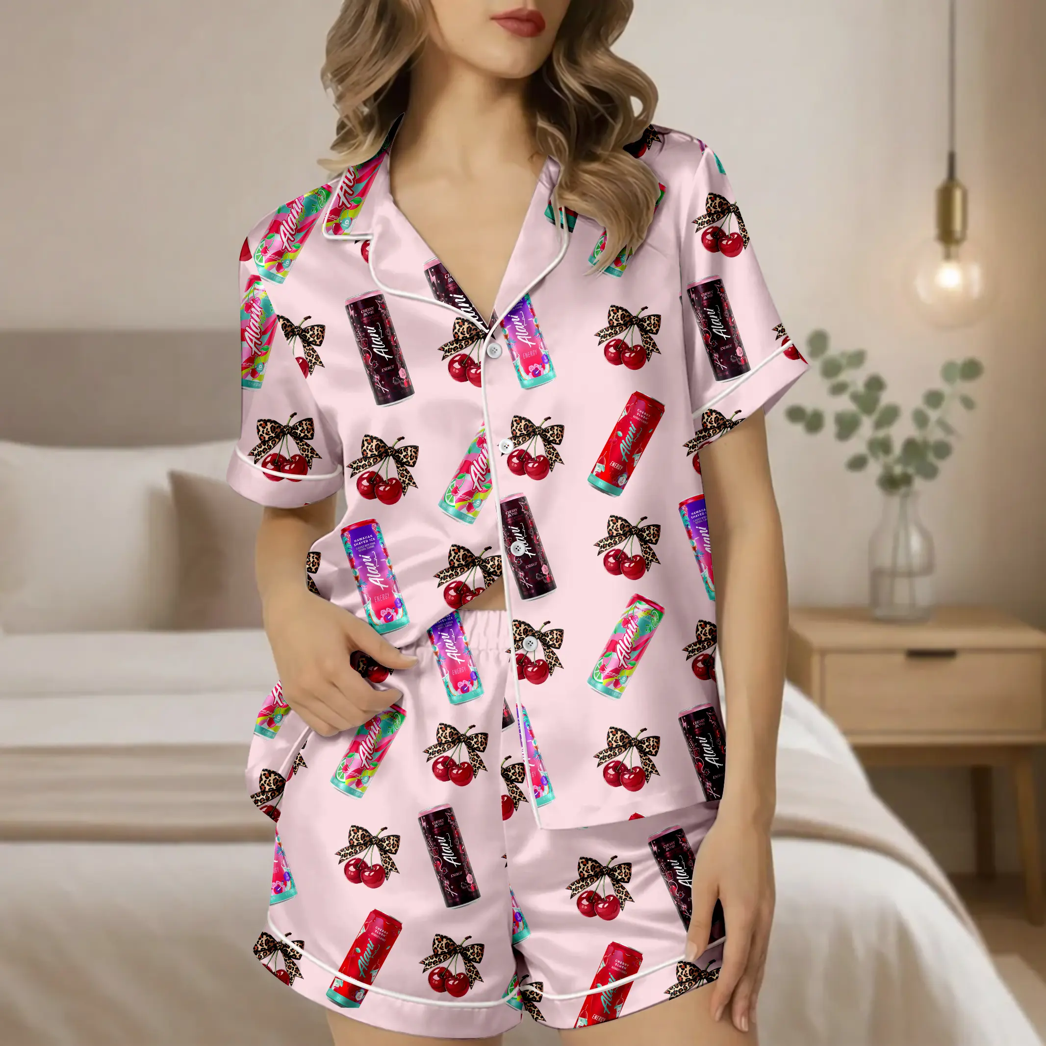 Alani Pajamas Set, Alani Energy Pink Sleep Wear, Satin Pajamas For Women, Alani Lover Gift For Her