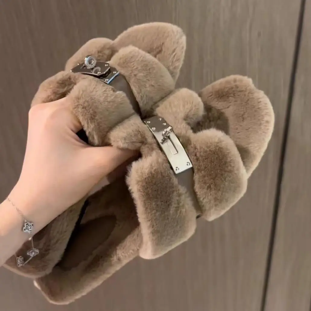 Mao Mao Women's Soft Furry Slippers 2025 Spring Autumn Round Toe Non-Slip Sole Adjustable Straps Elegant Home Wear Flipflop Girl Walking Shoes Casual Stylish fur slides slides for women
