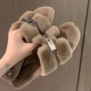 Mao Mao Women's Soft Furry Slippers 2025 Spring Autumn Round Toe Non-Slip Sole Adjustable Straps Elegant Home Wear Flipflop Girl Walking Shoes SpringStatements