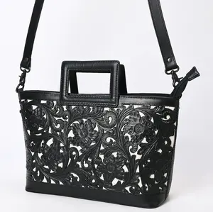 *SALE* Black & White Hand-Tooled Leather Western Tote Handbag Cutout Handle & Floral Overlay