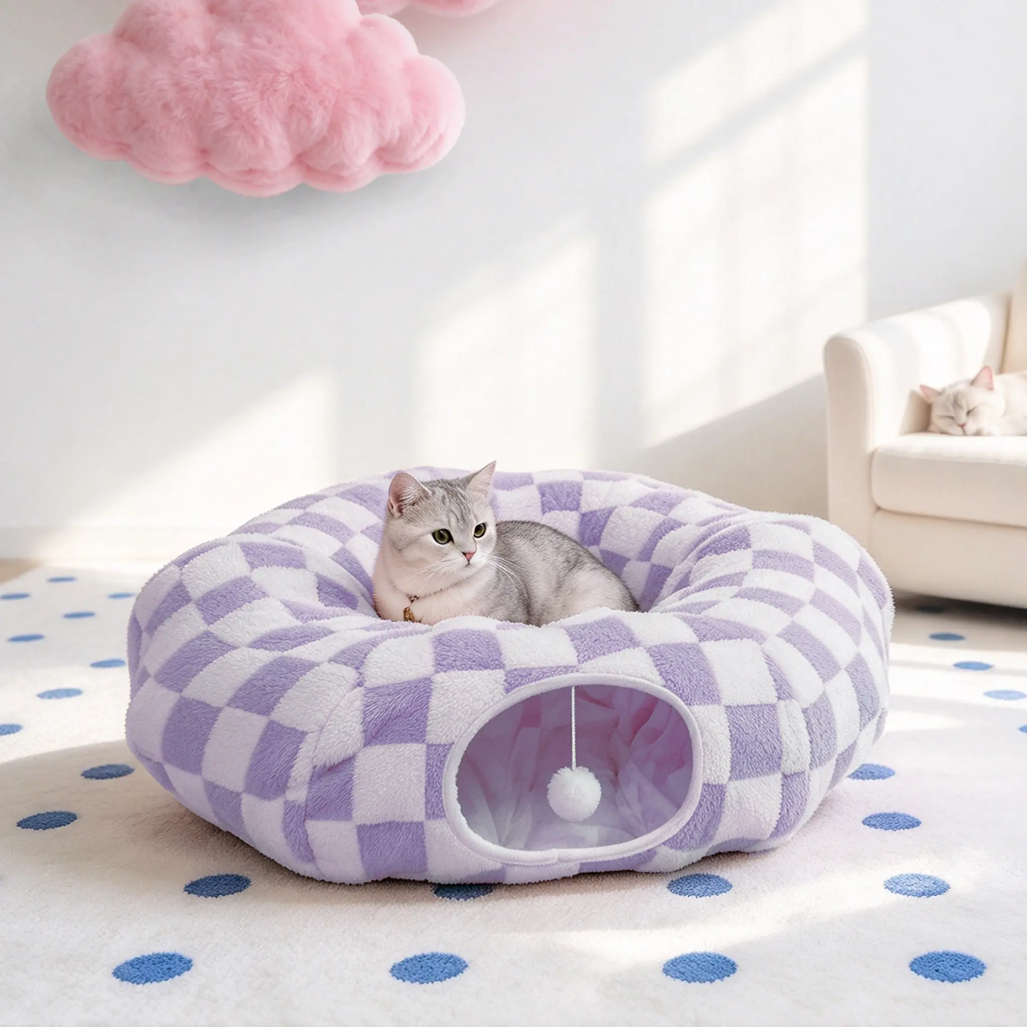 Cat & Dog Tunnel Bed – 2-in-1 Zip-Together Play & Nap Solution, Soft Polyester Material, Calming Effect – Includes Peekaboo Cave for Kittens, Puppies & Bunnies – 4 colors available