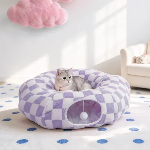 Cat & Dog Tunnel Bed – 2-in-1 Zip-Together Play & Nap Solution, Soft Polyester Material, Calming Effect – Includes Peekaboo Cave for Kittens, Puppies & Bunnies – 4 colors available