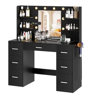 Makeup Vanity Desk with Mirror, Lights & Power Outlet Vanity Table with 7 Drawers and 6 Storage Shelves for Bedroom, Black
