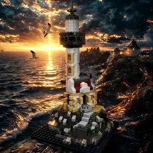 Mini Building Block Lighthouse Scene Model, Beach Tower and Island House Assembly Kit, DIY Desktop Ornament, Birthday Gift