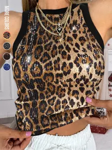 Women's Leopard Print Sequins Crop Tank Top, Casual Soft Sleeveless Round Neck Top for Daily Wear, Ladies Clothes for All Seasons, Casual Fashion Sleeveless Womenswear, Summer Tops