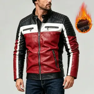 Men's Color-Block Faux Leather Racing Jacket, Vintage Biker Bomber Coat, Streetwear Loose-Fit Motorcycle Outerwear, Casual Autumn and Winter Long-Sleeve Leather Zip-Up Jacket with Multi-Pockets