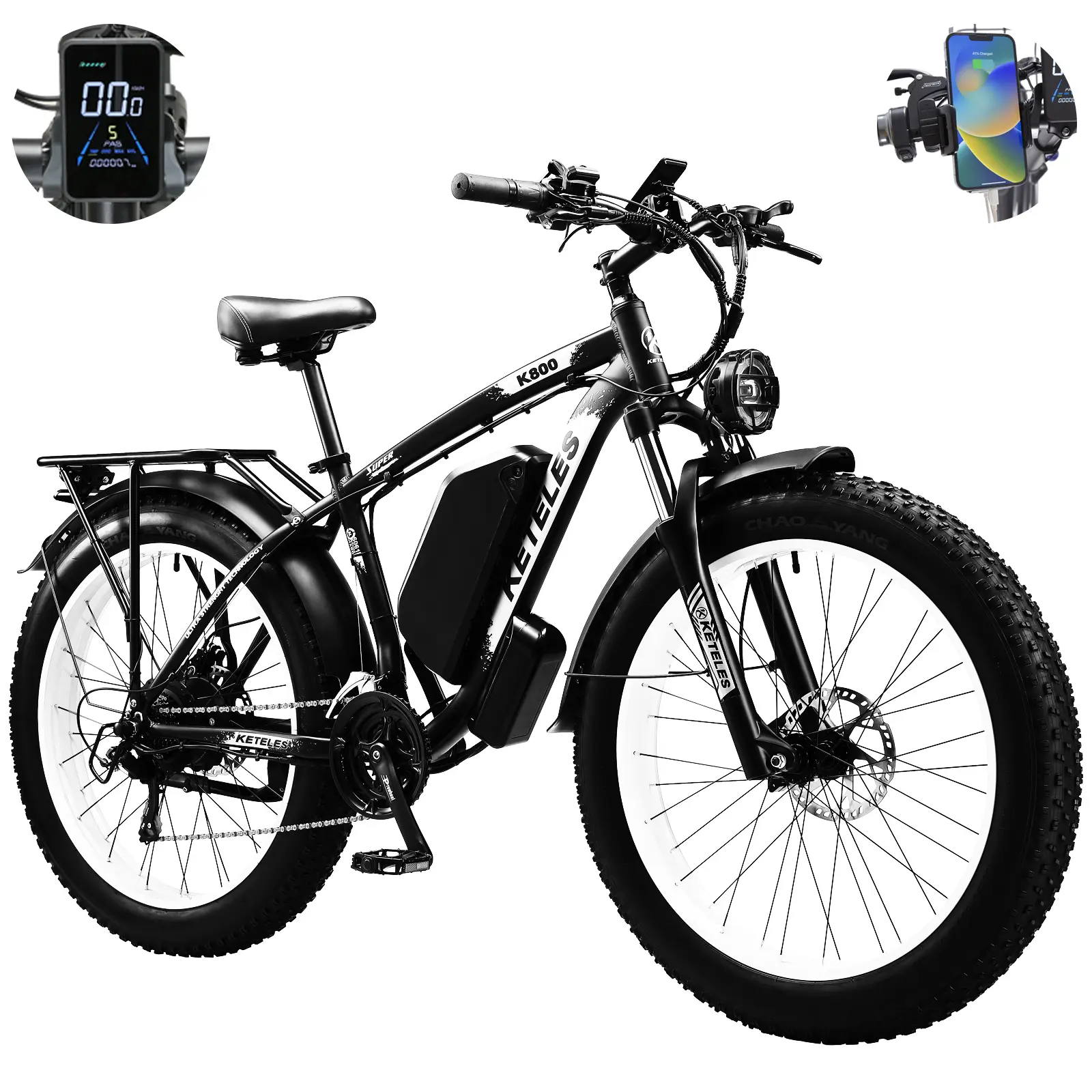 K800 E Bike, 48V 20Ah Battery Electric Bike, Bike with Phone Holder, E Fatbike with 26"x4.0" Fat Tire, peak 3000W E-Bike 120KM Range 21-speed Transmission Hydraulic Disc Brakes
