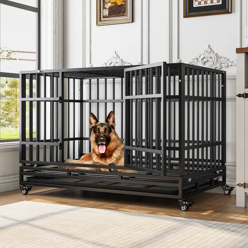 48 inch Heavy Duty Dog Crate, Indoor Door Cages for High Anxiety Indestructible, Large Dog Kennel Double Door, Crates with 360° Wheels, Removable Extra-Large Tray, Black