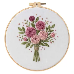 Beginner Embroidery Kit, Elegant Cross Stitch Set, Floral Bouquet, DIY Embroidery Supplies, Includes Printed Cotton Fabric, Thread, Needle, Chart