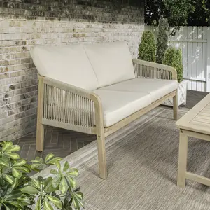 JONATHAN Y Arwen Modern Bohemian Roped Acacia Wood Outdoor Loveseat with Cushions