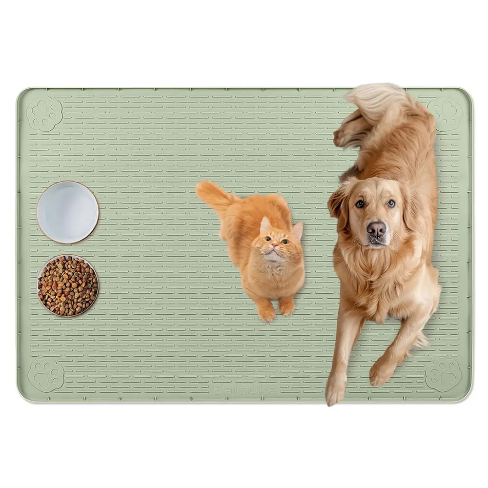 Cat Food Mat, Extra Large Silicone Pet Feeding Mat with Raised Edge Pet Placemat for Food and Water Bowl Non-Slip, Easy to Clean, Floor Protection - Green