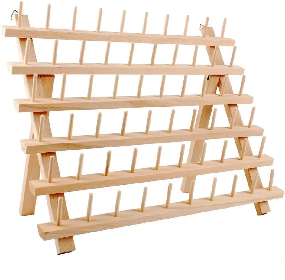 60-Spools Wooden Thread Holder Sewing and Embroidery Thread Organizer for Sewing Thread Storage with Hanging Hooks