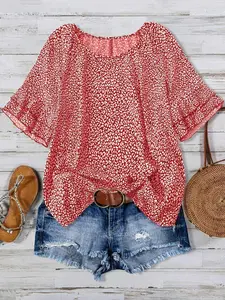 Plus Size Women's Lady Leopard Print Short Sleeve Shirt Blouse, Round Neck Pleated Loose Fit Top, Summer Casual Wear, Daily Commute, Vacation, Dating