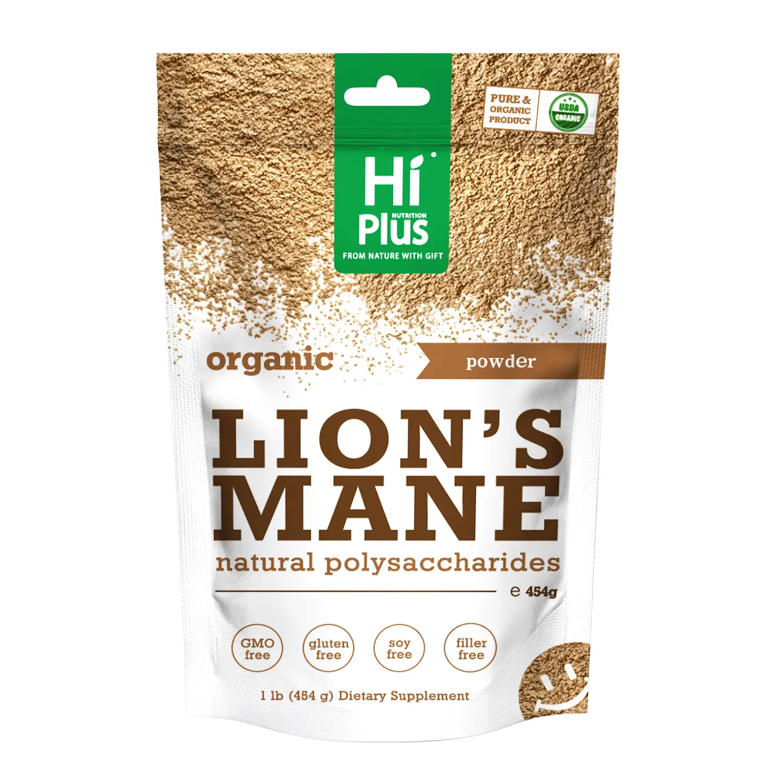 HiPlus Organic Lion’s Mane Mushroom Supplement Powder | Natural superfood supporting brain function, energy, and immune health | Non-GMO, vegan, no additives | 16 oz