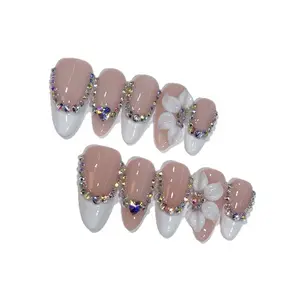 Hailey's almond shiny gems flowers french tips arcylic handmade press on nails A10