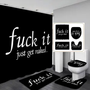 Letter Pattern Shower Curtain Set, 1 Set Bathroom Decorative Curtain with Hooks & Toilet Mat & Bath Mat & Toilet Lid Cover, Bathroom Decoration Accessories