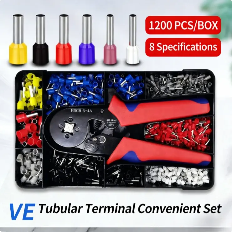 HSC8 6-4A Crimping Tool Kit Set - 0.25-10mm Self-Adjusting Crimping Area, 1200pcs Wire Connectors, Insulated VE Tubular Crimp Terminals, Mixed Butt-Ring-Fork-Spade-Bullet Quick Disconnects, Durable & Compact for Builders, Home Supplies