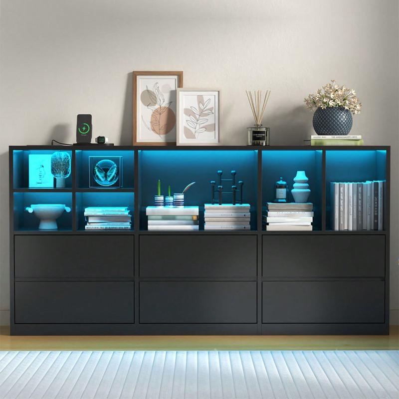 White / Black 6 Drawers Dresser With 7 Storage Cubbies, Chest Of Drawers With Power Outlet And LED Lights, 63" Triple Wide Long Dresser Organizer For Bedroom, Modern Dresser With Open Shelf For Living Room Wardrobe Cabinet