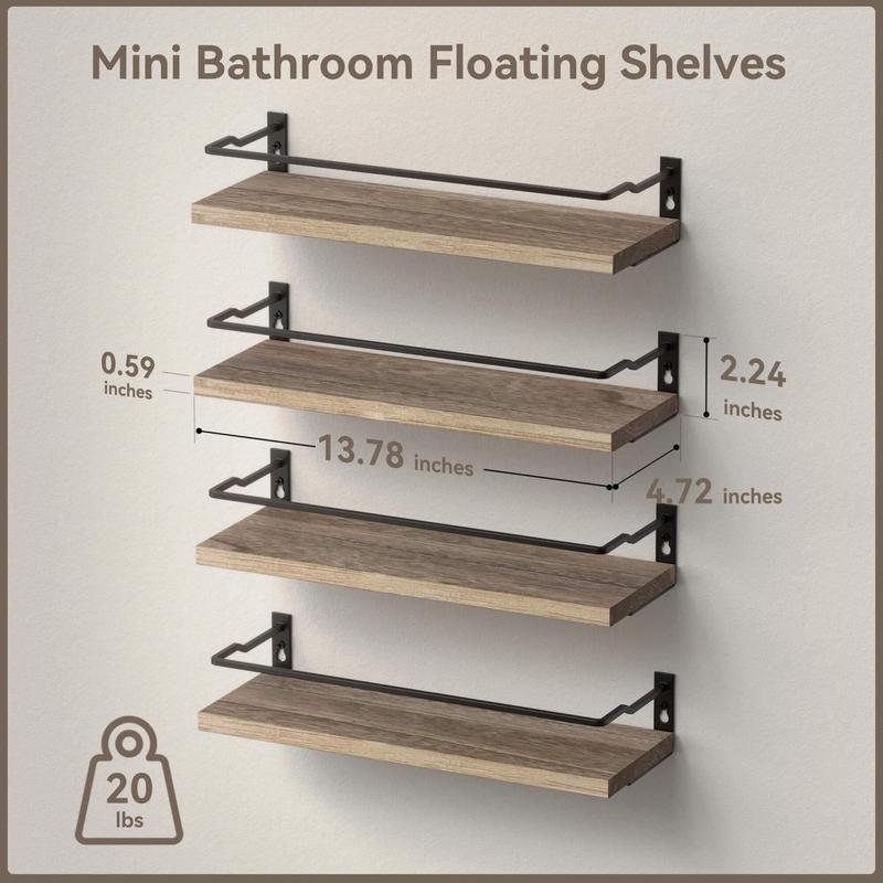 Bathroom Floating Shelves with Guardrail, Set of 4 Wall Mounted Small Storage Bathroom Shelves, Rustic Bathroom Shelves Over Toilet, Wall Shelves for Kitchen Living Room Bedroom - Black- Carbonized Black-White