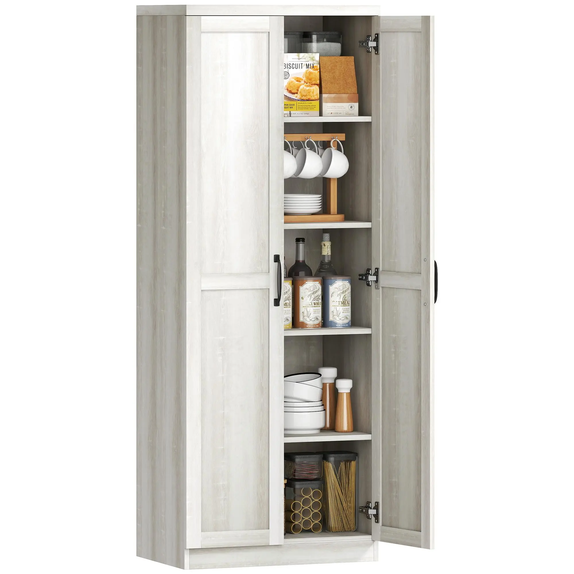 Sturdy 5-Tier Freestanding Kitchen Cabinet with Elegant Black Handles, Recessed Door Panels, Anti-Tip Strap, 2 Adjustable Shelves, 88 lbs Total Capacity (11 lbs per Shelf) for Small Apartments, Assembly Required