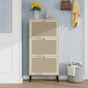 Rattan 3 Door Shoe Rack, Freestanding Modern Shoe Storage Cabinet, for Entryway Modern Rattan 3 Door Shoe Rack Freestanding Storage Cabinet for Entryway Home Organizer