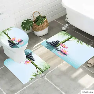 1/3Pcs Zen style Bamboo Lotus and Stacked Stones Bathroom Mat Set, Flannel Non Slip Bath Rug, Toilet U-Shape Mat, Toilet Lid Cover, Thickened Soft Absorb Water, Microfiber Surface Memory Foam Cushion, Home Bath