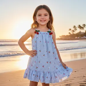 Toddler Little Girls Blue Gingham Cherry Print Sundress with 3D Pom Pom Applique for Ages 4-7. Sweet Summer Sleeveless Plaid Ruffle Dress. Lightweight Breathable Outfit for Spring Vacations, Outdoor Birthday Parties, Beach Days, and Family Picnics.