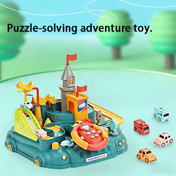 A fun track-puzzle toy that doesn’t require batteries, green in color, featuring three small cars that can be mixed and matched randomly.
