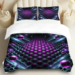 3PCS Duvet Cover Set, 1 Duvet+2 Pillowcases(Without filler), Futuristic Geometric  Hexagon Space theme, New Year bedding set, Modern Pattern Suitable for decoration Bedroom, Guest Room, Dormitory, Studio.