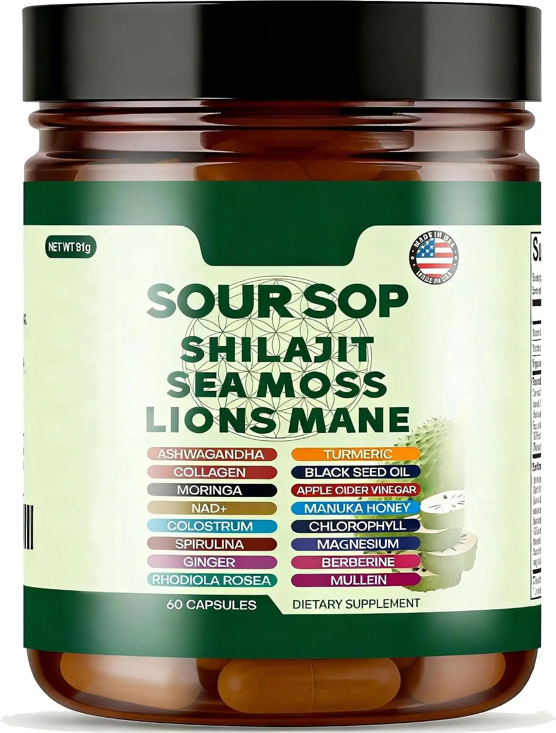 24-in-1 Soursop Capsules with Shilajit, Sea Moss, Lions Mane, Ashwagandha, Elderberry, Vitamin C, D3 & Magnesium | 20:1 Extracts | Daily Wellness Support for Adults | Non-GMO