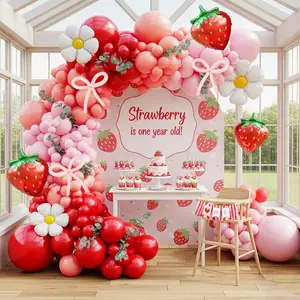 Pink red Strawberry balloon garland arch kit 130pcs with Strawberry Daisy mylar balloon DIY bow balloons for girl baby shower berryfirst 1st birthday Two groovy coquette party decorations