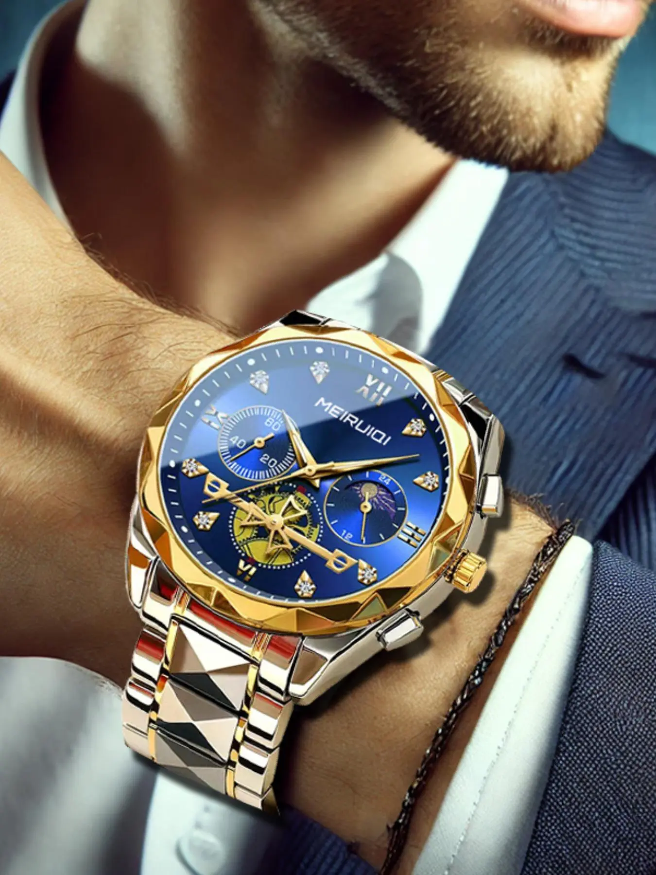 High-end men's blue openwork watch with a gold and silver case and stainless steel strap, suitable for business and casual wear.