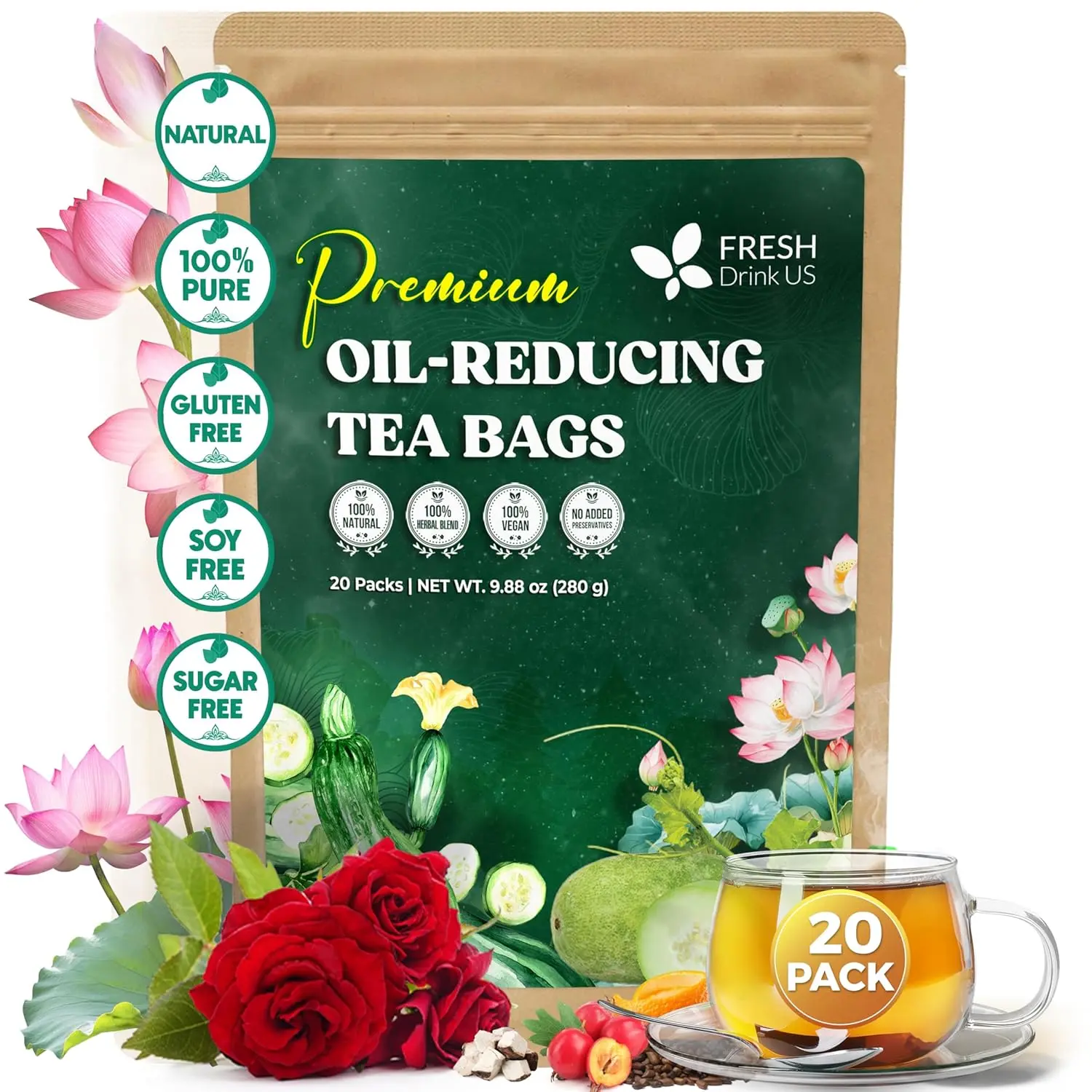 20 Packs of Oil Reducing Tea, Oil Cleansing for Liver, 10 Herbal Ingredients, Traditional Recipe Tea for Liver, 100% Natural, Easy Brewing, Steep Repeatedly
