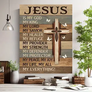 Inspirational Canvas Art Print, Unframed Religious Christian Wall Decor Poster, Spiritual Home Decoration with Cross & Butterflies,  for Living Room Bedroom Ornaments Angel Flower Gift Artistic Photo