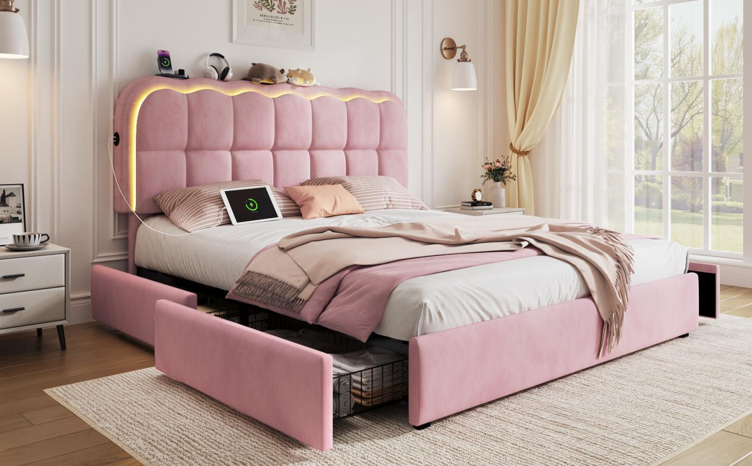 TryLazy LED Bed Frame with 4 Storage Drawers & USB Charging Station App Controlled Adjustable Headboard Lighting Modern Upholstered Platform Bed No Noise No Box Spring Needed Excellent Gift for Christmas and New Year