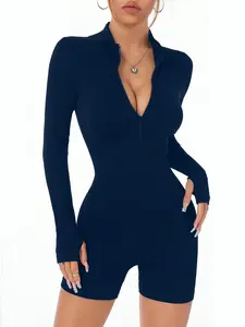 Women's Seamless Sportswear Workout Jumpsuit, Zipper Front Long Sleeve Slim Fit Gym Yoga, All Season Fitness Clothing