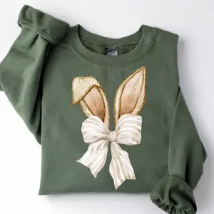 Coquette Bunny Bow and Ears Graphic Sweatshirt, Pastel Spring Sweatshirts for Men & Women