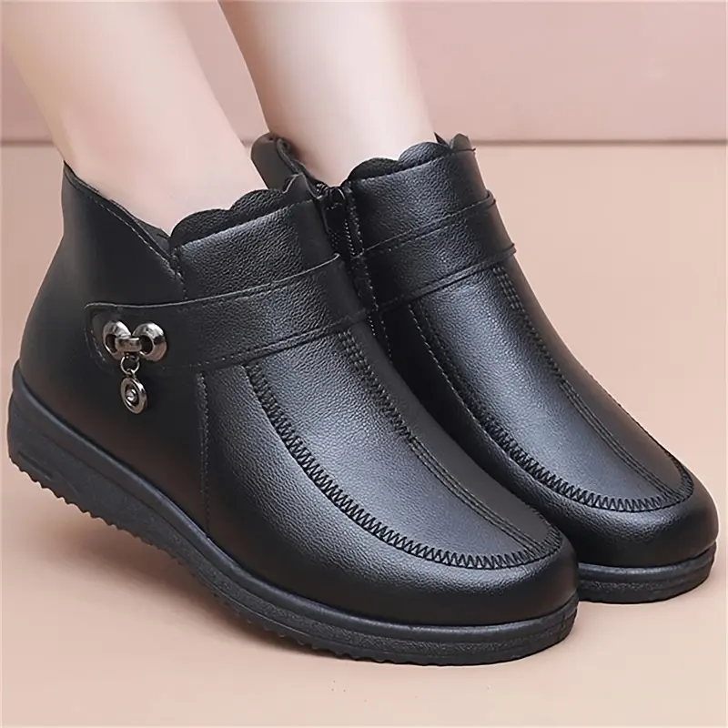 Women's Fleece-Lined Winter Ankle Booties - Chic Slip-On Round Toe Shoes with Side Zipper, Man-Made Faux Cover, Thick Sole Rubber Platform for Sports & Outdoor Use