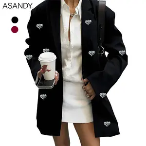 ASANDY Sweet Cool Black Blazer with Love Rhinestone Decoration Oversized Suit Jacket Hot Girl Street Style-Oversize