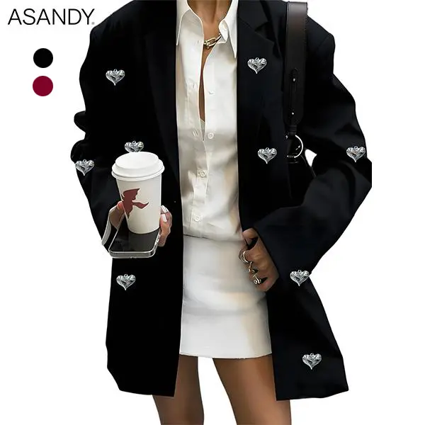ASANDY Women's Chic Oversized Blazer for Girl, Lady - Longsleeves Polyester Jacket with Love Rhinestone Detail, Minimalist Street Style, All Black Fits Suit, Contemporary Fashion Women's Casual Jackets, Chic Women's Casual Jackets, Buttoned