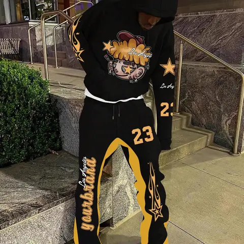 Two-piece Set Men's Star & Letter Print Drop Shoulder Hoodie & Drawstring Waist Sweatpants, Regular Fit Casual Street Style Streetwear Cozy Breathable Outfits for Daily Wear, Men's Clothes for Fall & Winter, Target Suit Set