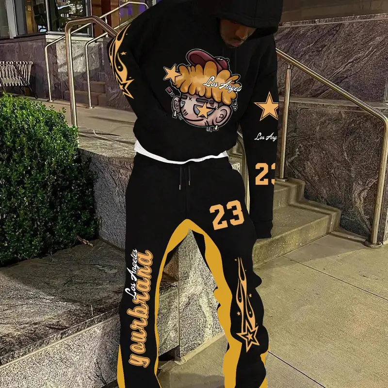 Two-piece Set Men's Star & Letter Print Drop Shoulder Hoodie & Drawstring Waist Sweatpants, Regular Fit Casual Street Style Streetwear Cozy Breathable Outfits for Daily Wear, Men's Clothes for Fall & Winter, Target Suit Set