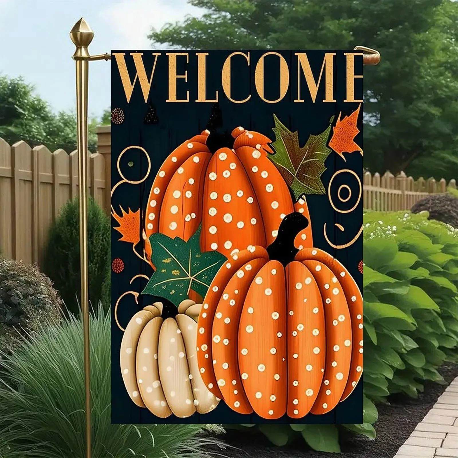 12x18 in Double-Sided Outdoor Flag - Orange Cream Polka Dot, Pumpkin, Maple Leaf & Dark Wood Design, Country Rustic Fall Farmhouse Home Decor for Yard Display