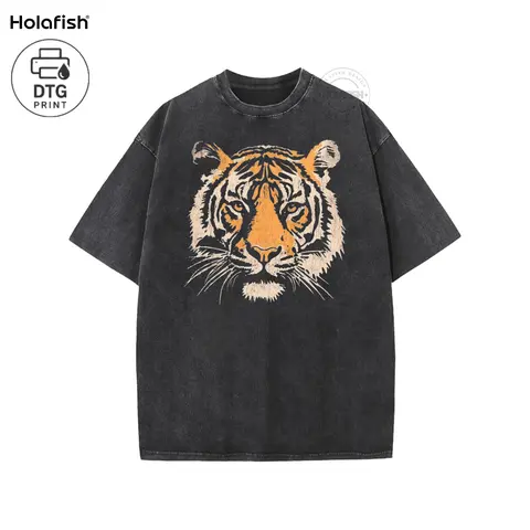 Holafish Women's Retro Tiger Graphic Print T-Shirt - Crew Neck, Short Sleeves, Loose-Fit, Acid Washed, Heavy Weight Cotton Shirts for Women, Stylish Streetwear Foldable Tee for Back to School